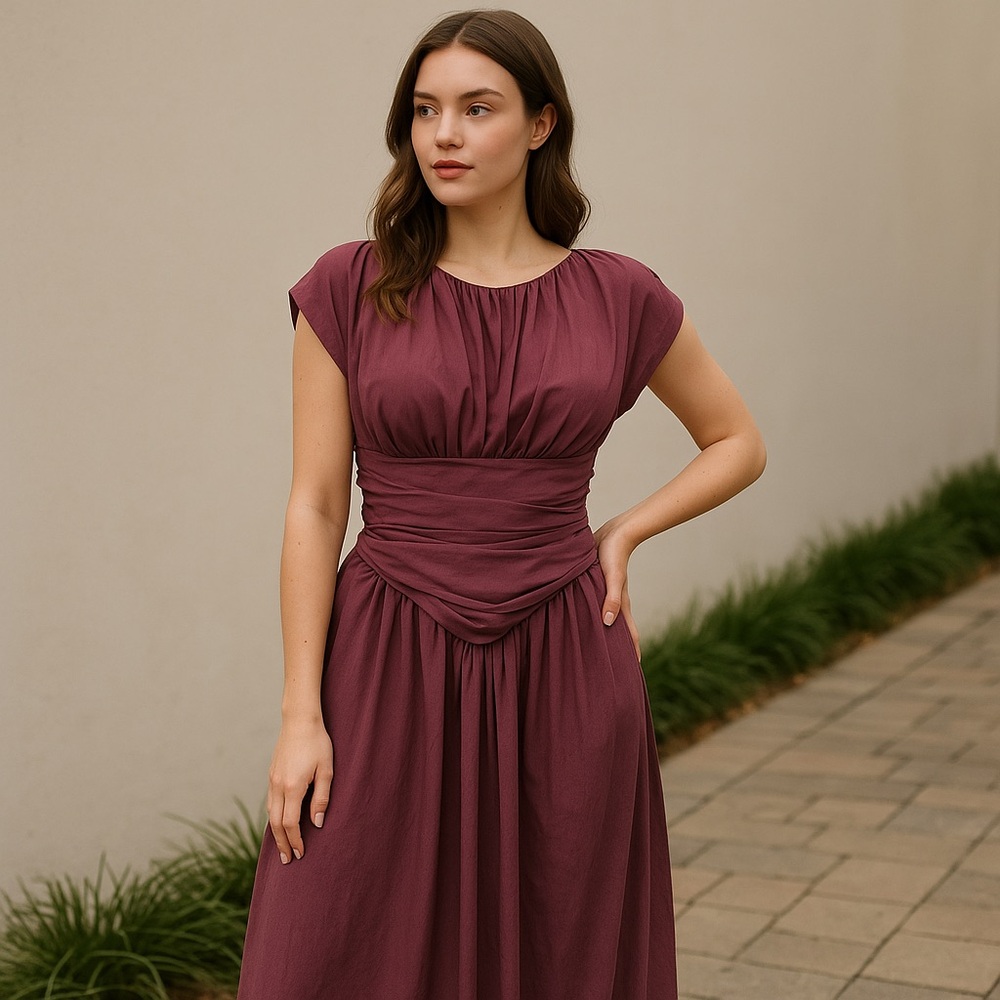 Grecian Style Plum Maxi Dress XL – Alluring Ruching Detail, Goddess Inspired